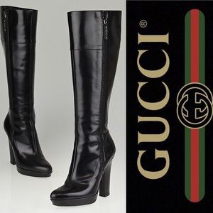 Gucci Patent Leather Knee-High Boots Black Semi-Pointed Toes Block Heels sz 8.5